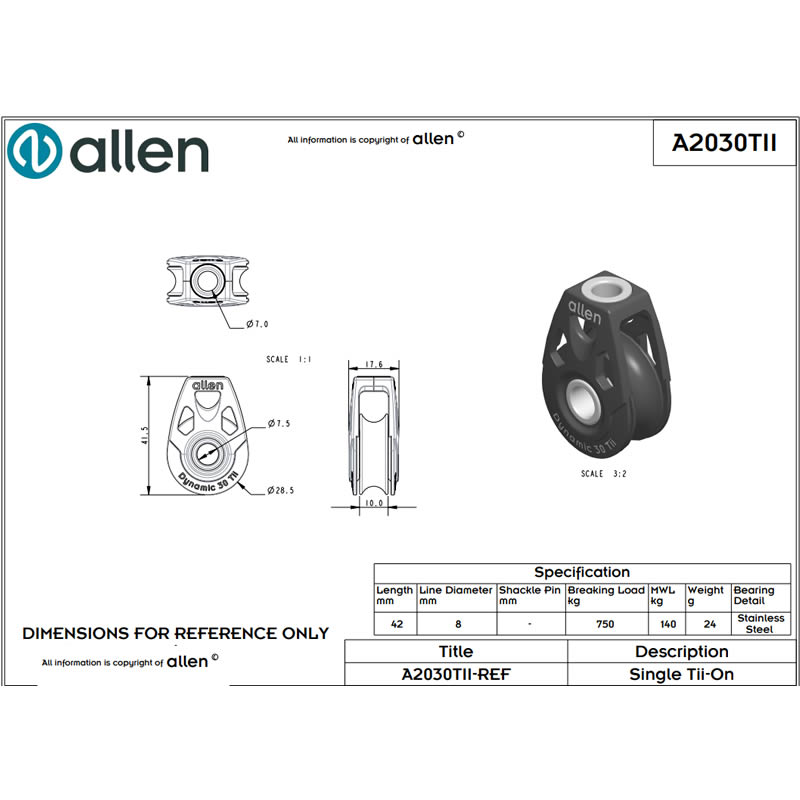 Allen Dynamic 30mm Single Tie On Block Ezi-TII With Soft Shackle