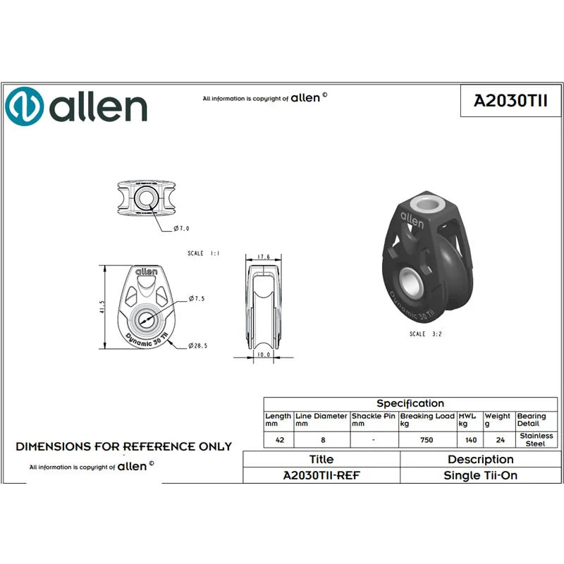 Allen Dynamic 30mm Single Tie On Block Ezi-TII With Soft Shackle