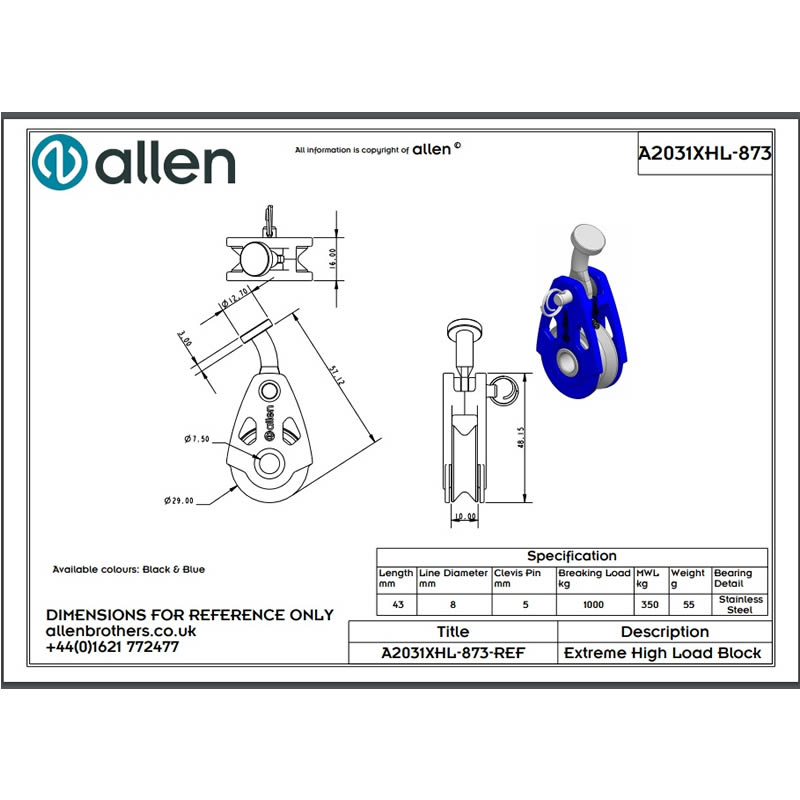 Allen Extreme High Load Vang Block For ILCA Dinghy/Laser1 Blue A2031XHL-873