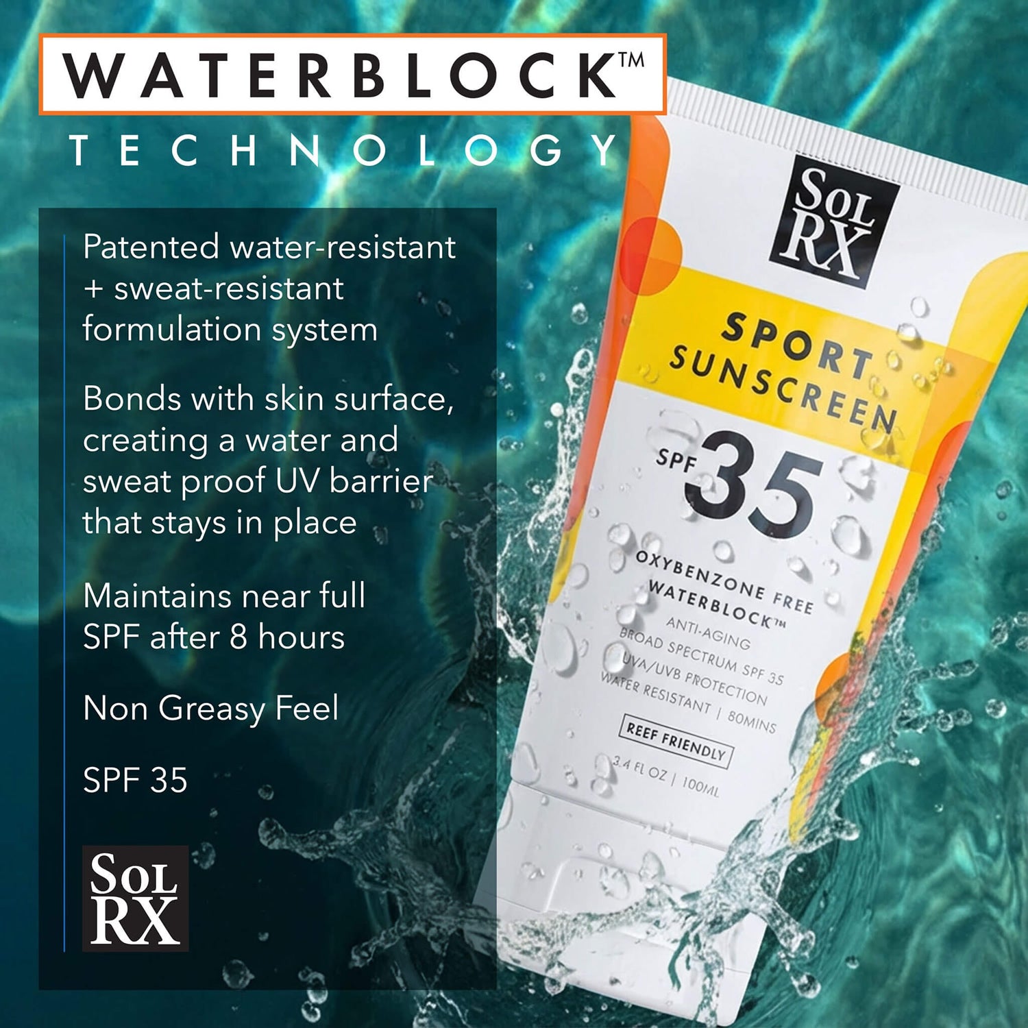 SolRX Sport Sun Cream Sunscreen Water Resistant was Prosport SPF 35 100ml