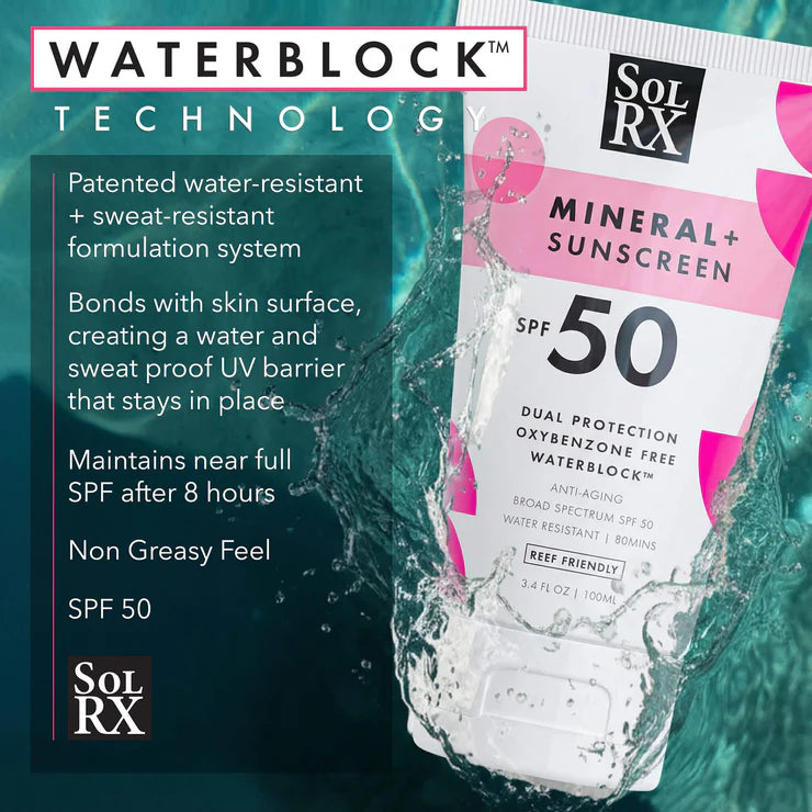 SolRX Mineral Zinc Sun Cream Sunscreen Water Resistant was Prosport SPF 50 100ml